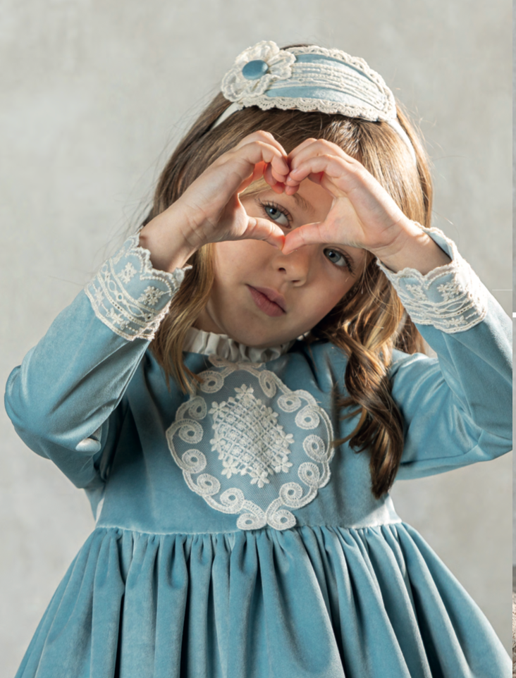 French Blue Velvet Puffball Dress
